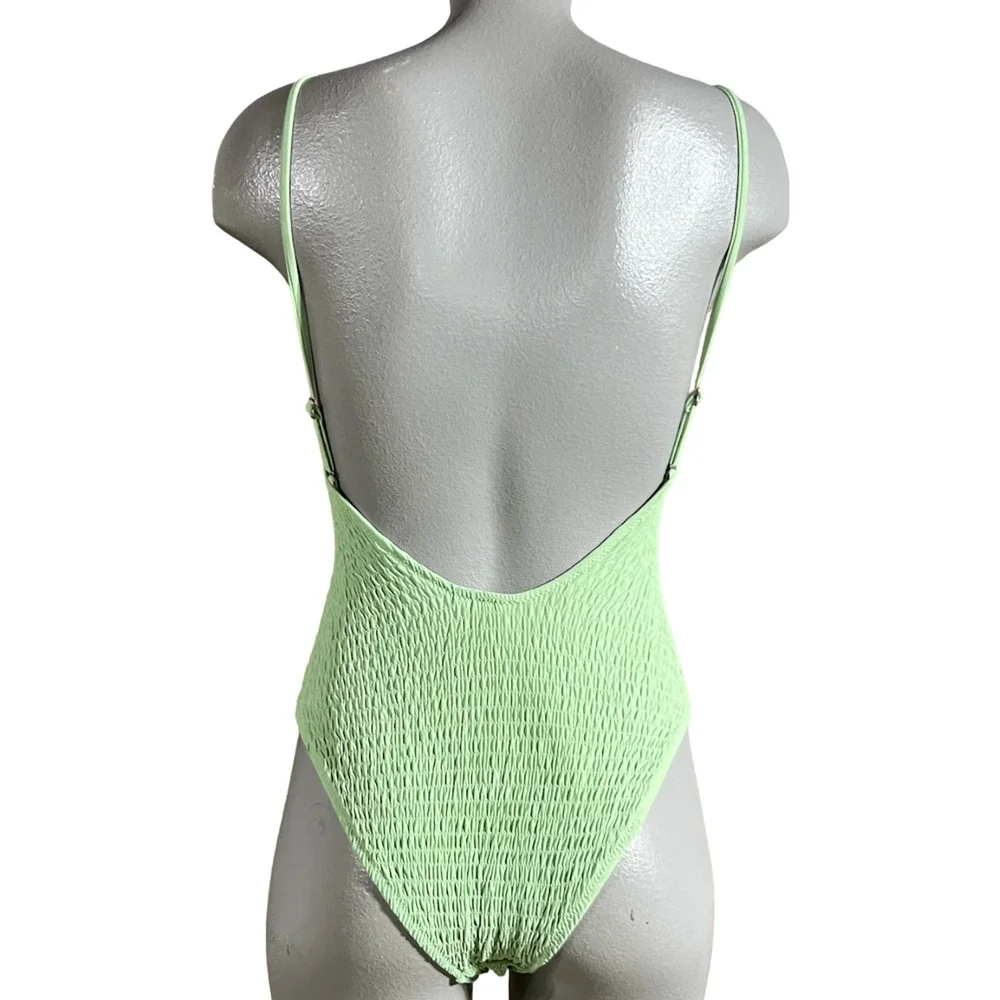 NEW RHYTHM x FREE PEOPLE CATCUS GREEN SMOCKED HI CUT ONE PIECE SWIMSUIT SZ S